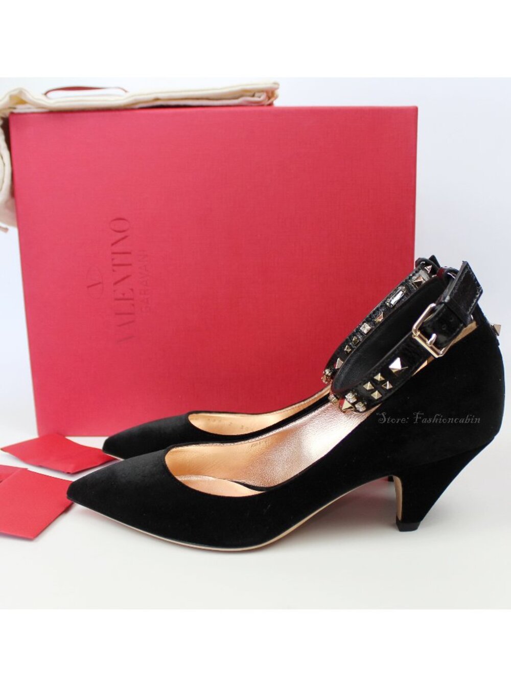 NEW VALENTINO GARAVANI Rockstud Studded Velvet Pumps, Black, EU 38.5